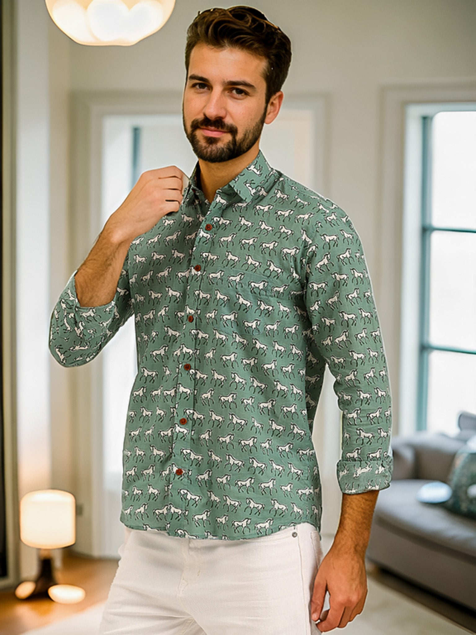 Comfortably Chic Cotton Horse  Print Shirt