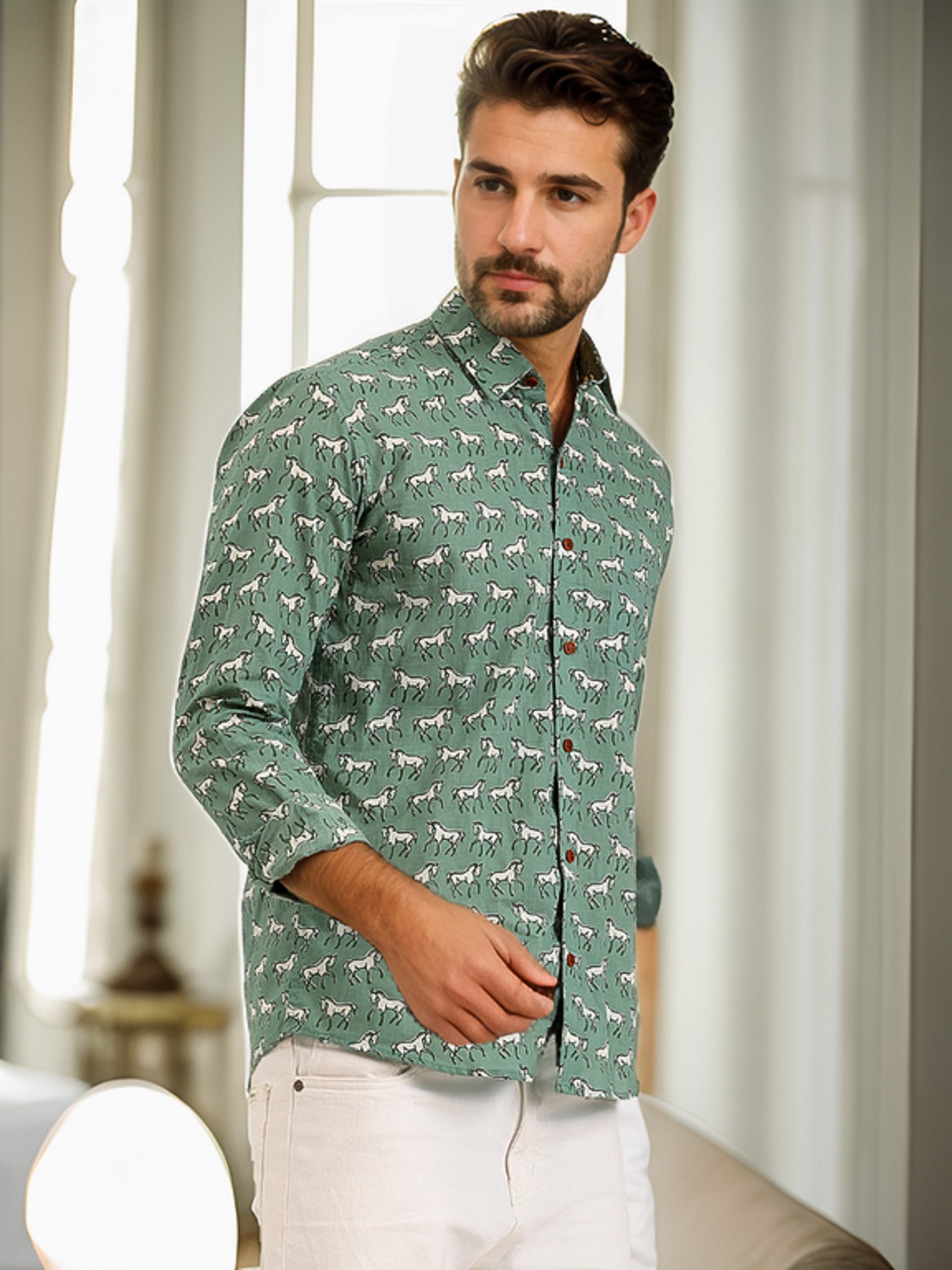 Comfortably Chic Cotton Horse  Print Shirt