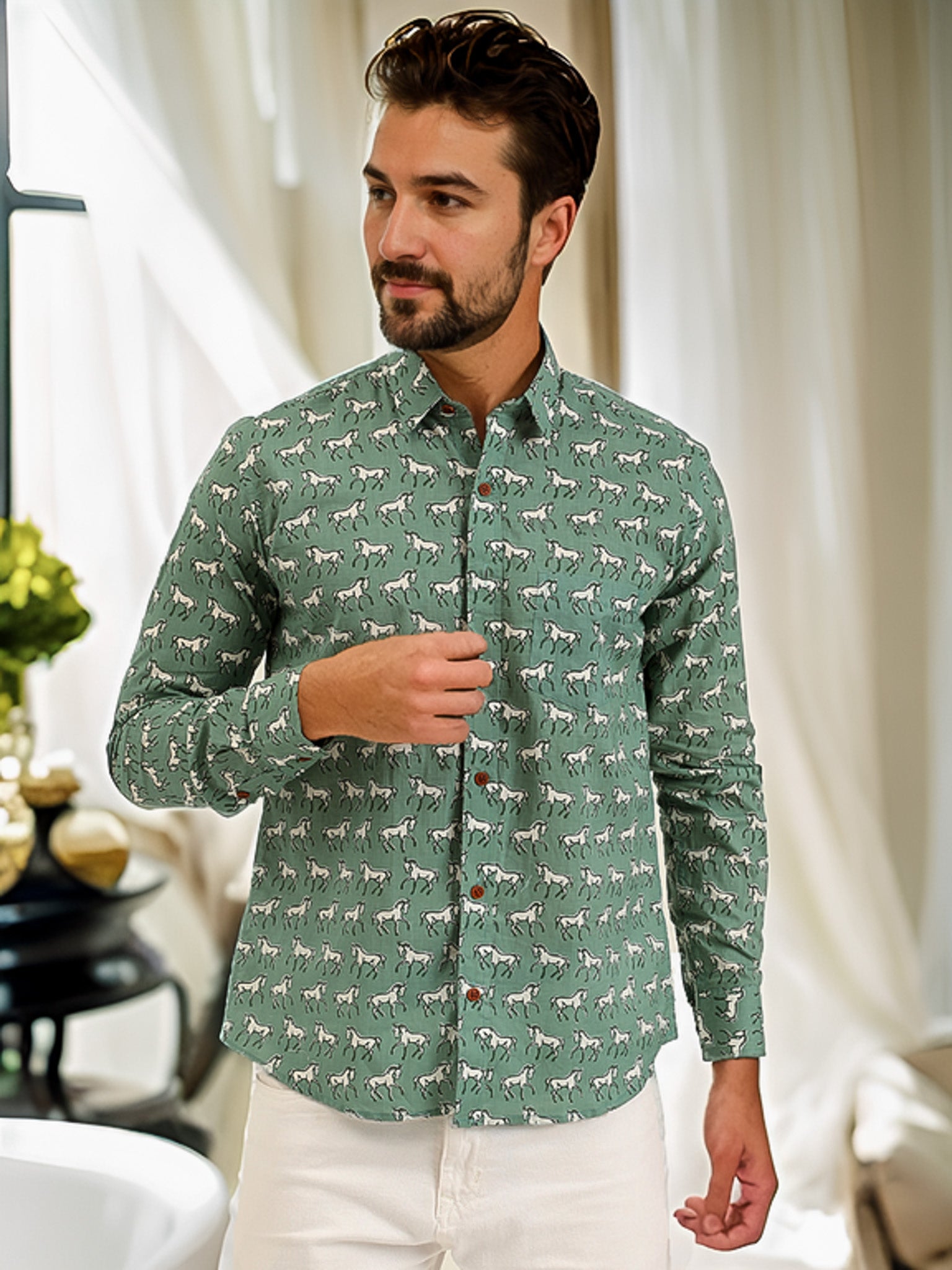 Comfortably Chic Cotton Horse  Print Shirt